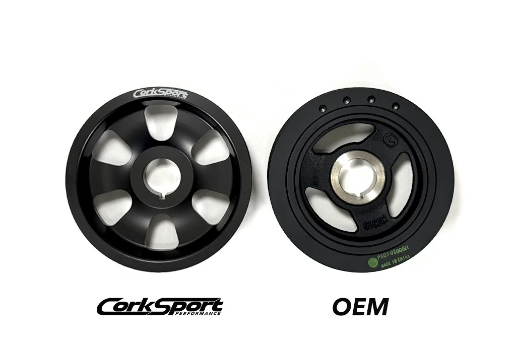CorkSport's Mazda 3 and 6 replacement crank pulley overtakes the OEM pulley.