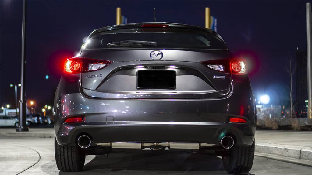 CorkSport 80mm Mazda 3 Cat Back Exhaust Installed on Hatchback