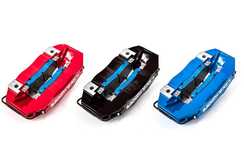 Big brake kit calipers in red, black, and blue