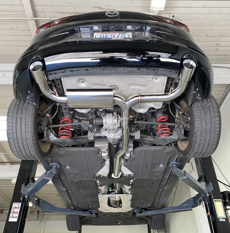 Underside of a Mazda 3 with Installed 80mm Cat Back Exhaust 