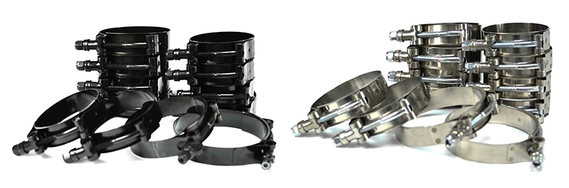 Stainless steel T-bolt clamps with nylock nuts. Available in black zinc or polished.