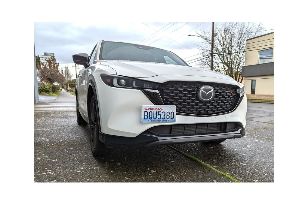 CX-5 License Plate Relocation on a white Mazda CX-5