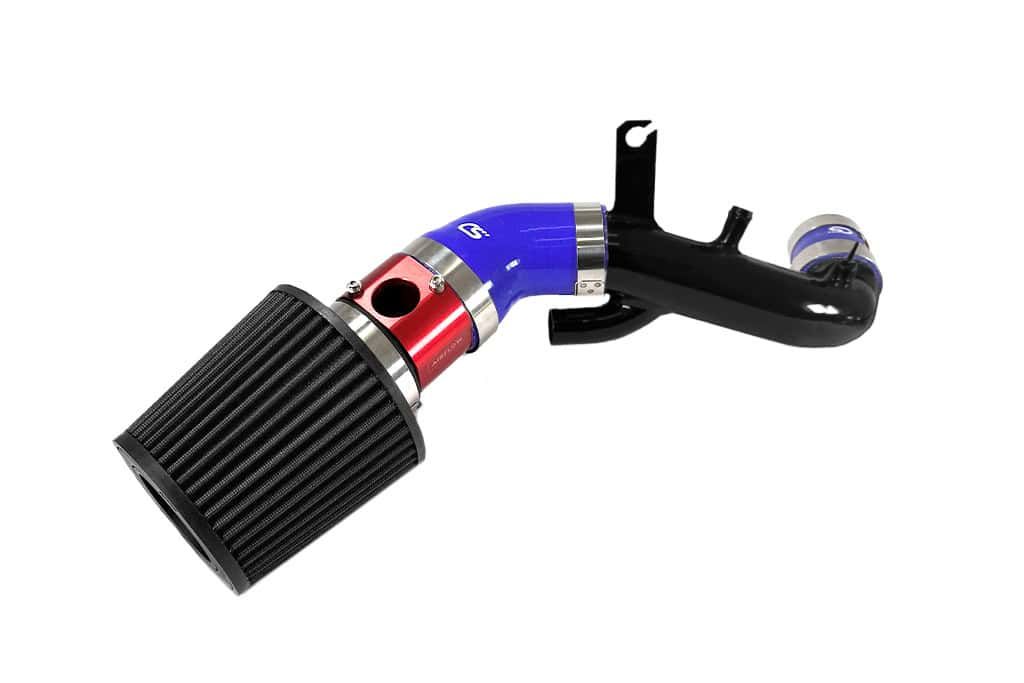 Mazdaspeed 3 short ram intake with turbo inlet pipe with black filter, red MAF, blue silicone, and black inlet pipe