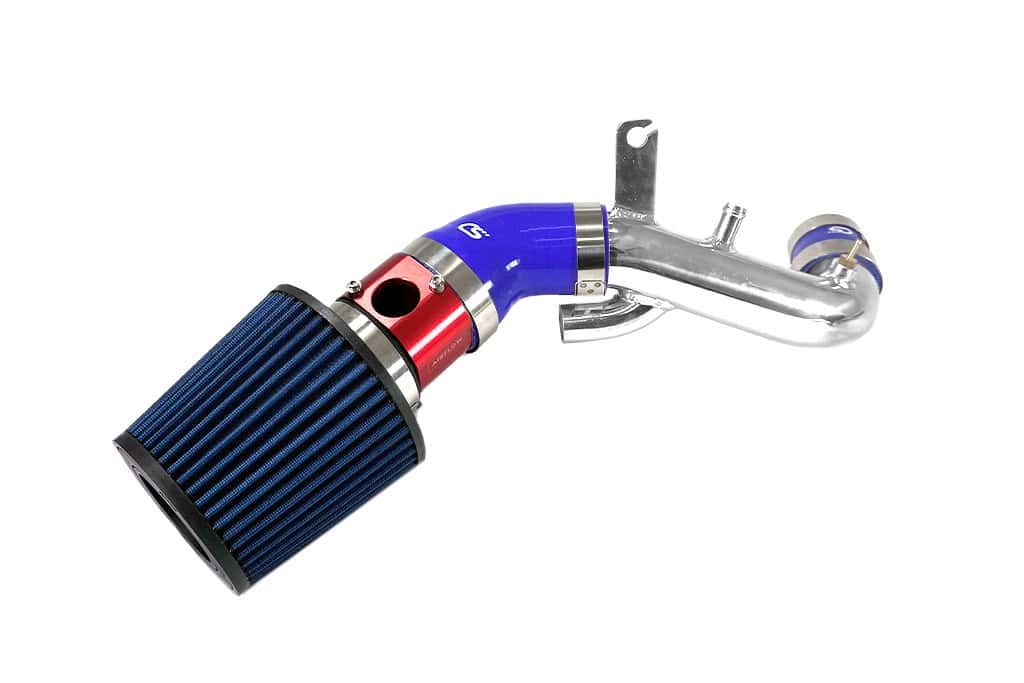 Mazdaspeed 3 short ram intake with turbo inlet pipe with blue filter, red MAF, blue silicone, and polished turbo inlet pipe