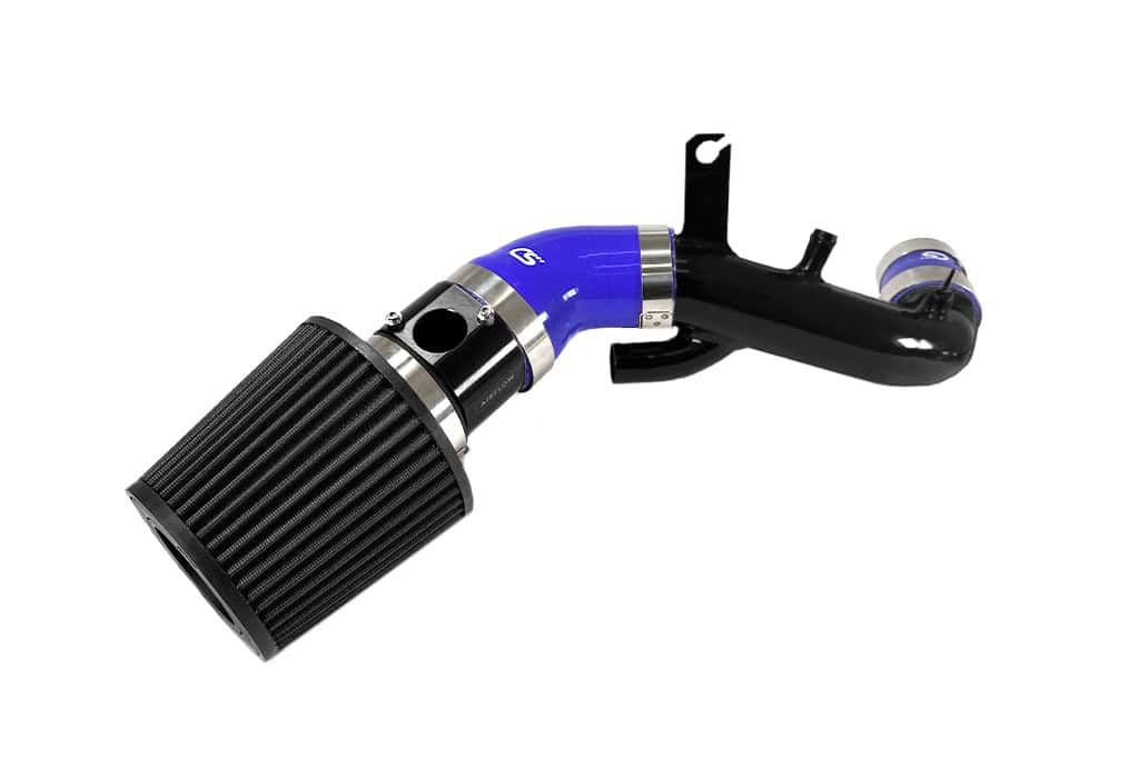 Mazdaspeed 3 short ram intake with turbo inlet pipe with black filter, black MAF, blue silicone, and black turbo inlet pipe