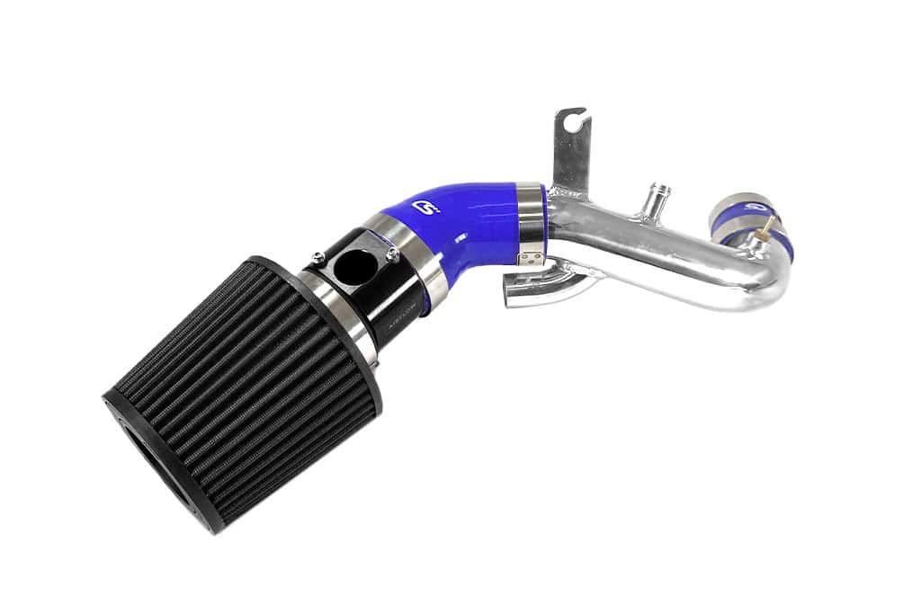 Mazdaspeed 3 short ram intake with turbo inlet pipe with black filter, black MAF, blue silicone, and polished turbo inlet pipe