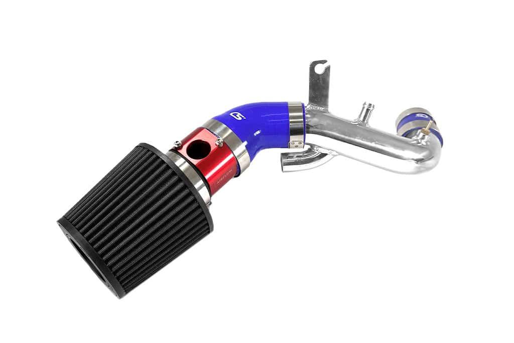 Mazdaspeed 3 short ram intake with turbo inlet pipe with black filter, red MAF, blue silicone, and polished turbo inlet pipe
