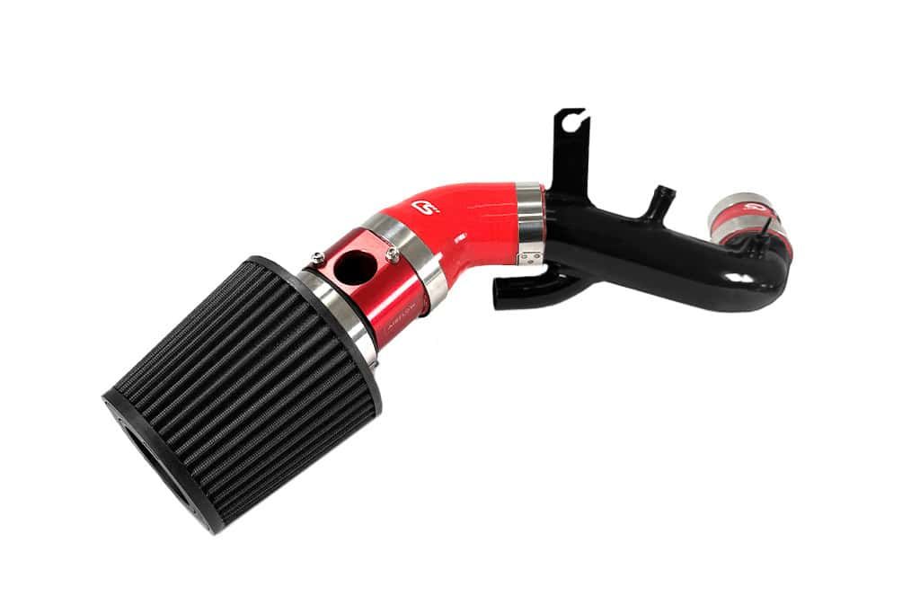 Mazdaspeed 3 short ram intake with turbo inlet pipe with black filter, red MAF, red silicone, and black inlet pipe