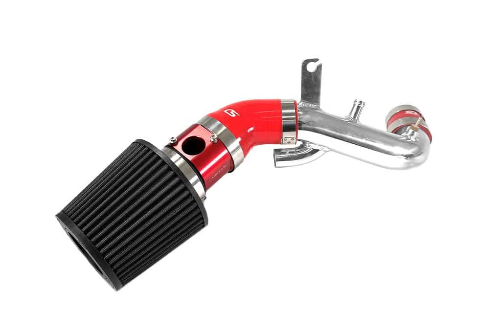 Mazdaspeed 3 short ram intake with turbo inlet pipe with black filter, red MAF, red silicone, and polished inlet pipe