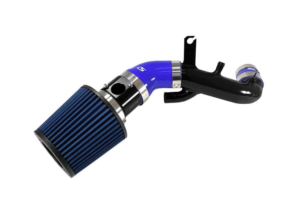 Mazdaspeed 3 short ram intake with turbo inlet pipe with blue filter, black MAF, blue silicone, and black inlet pipe