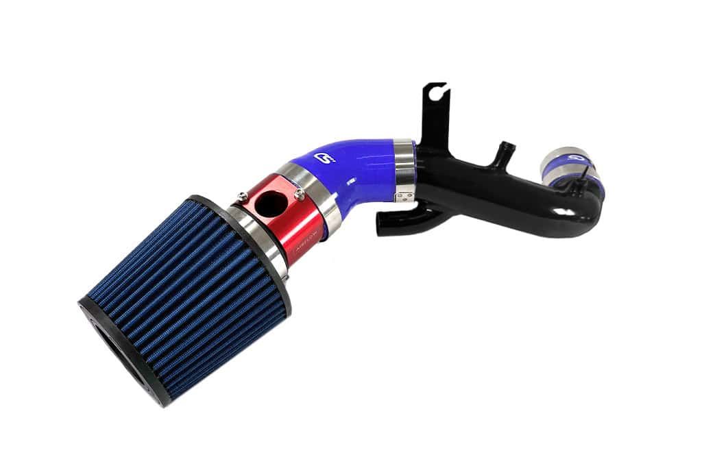 Mazdaspeed 3 short ram intake with turbo inlet pipe with blue filter, red MAF, blue silicone, and black turbo inlet pipe