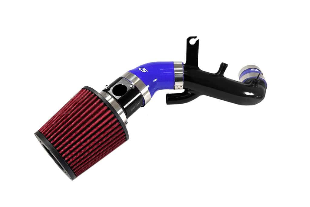 Mazdaspeed 3 short ram intake with turbo inlet pipe wit red filter, black MAF, blue silicone, and black turbo inlet pipe