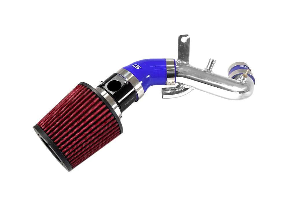 Mazdaspeed 3 short ram intake with turbo inlet pipe wit red filter, black MAF, blue silicone, and polished turbo inlet pipe