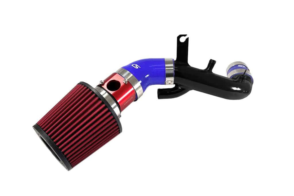 Mazdaspeed 3 short ram intake with turbo inlet pipe with red filter, red MAF, blue silicone, and black turbo inlet pipe