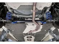 Blue rear sway bar installed on a Mazda 3